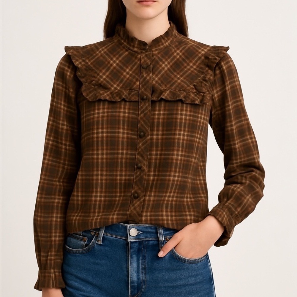Nili Lotan Womens Plaid Ruffle Yoke Button Down Blouse‎ S Dark Academia Heritage